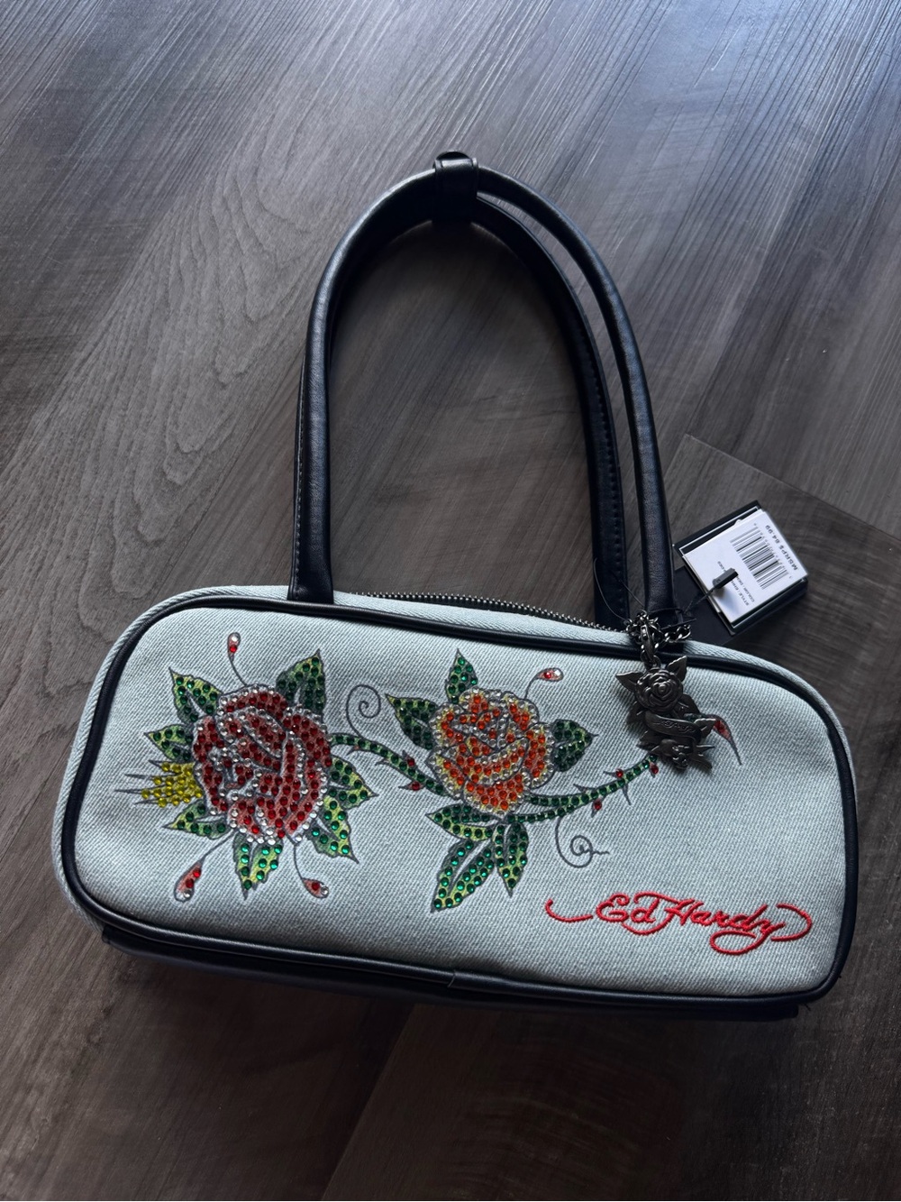 Ed Hardy White Canvas Shoulder Bag with Red & Orange Floral Sequin Embroidery